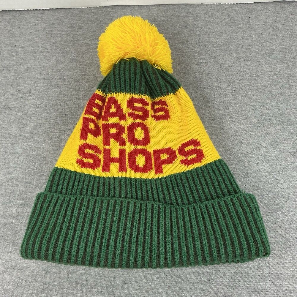 Bass Pro Shops Beanie Pom Pom Hat Green Yellow Knit Cap Fleece Lined OSFM